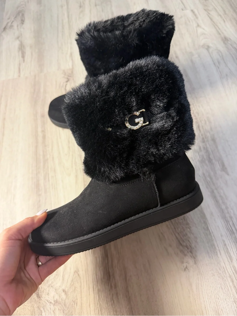G by Guess Black Faux Fur Cuff Winter Boots with Logo Charm